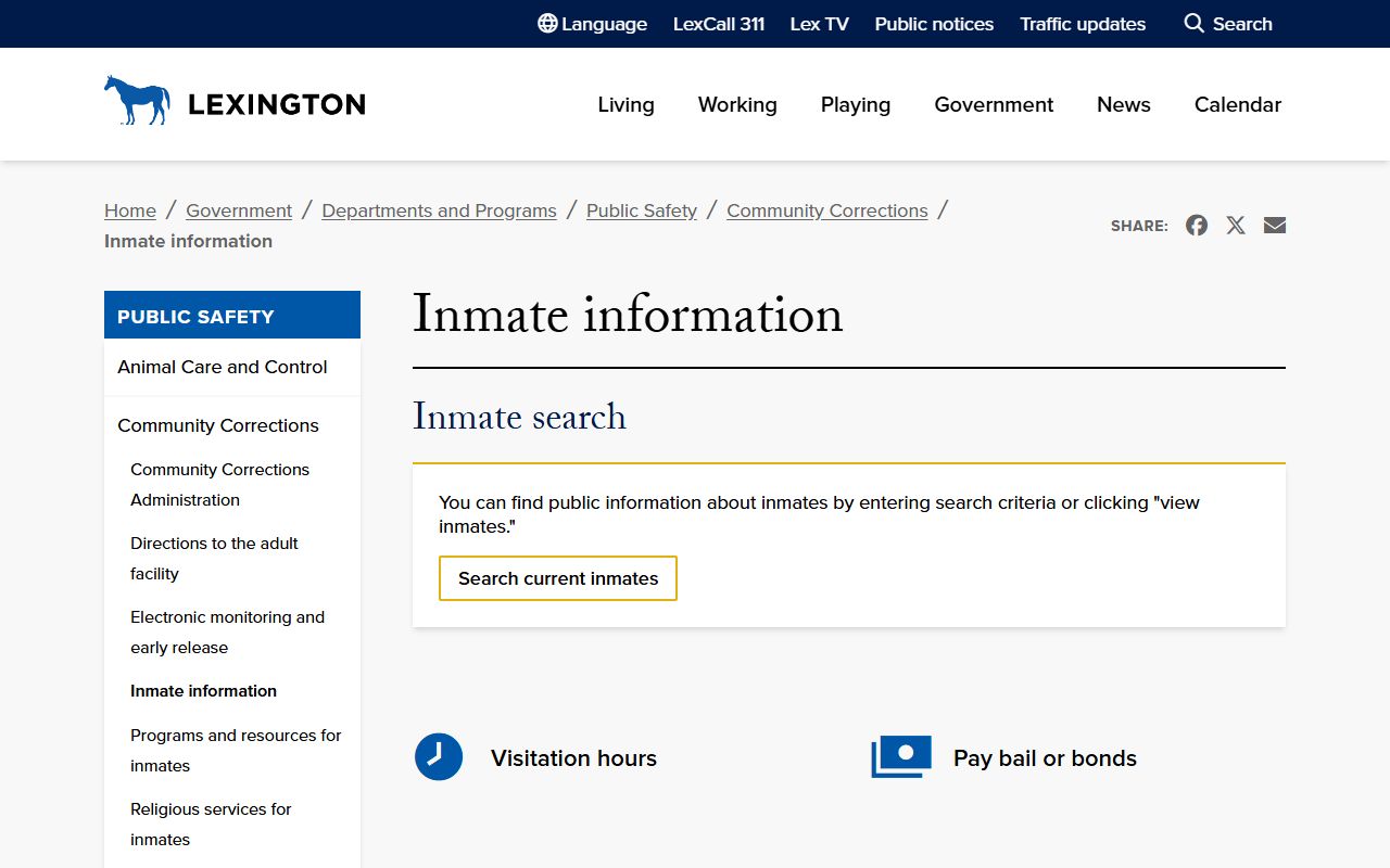 Lexington inmate information page showing mail and visitation details