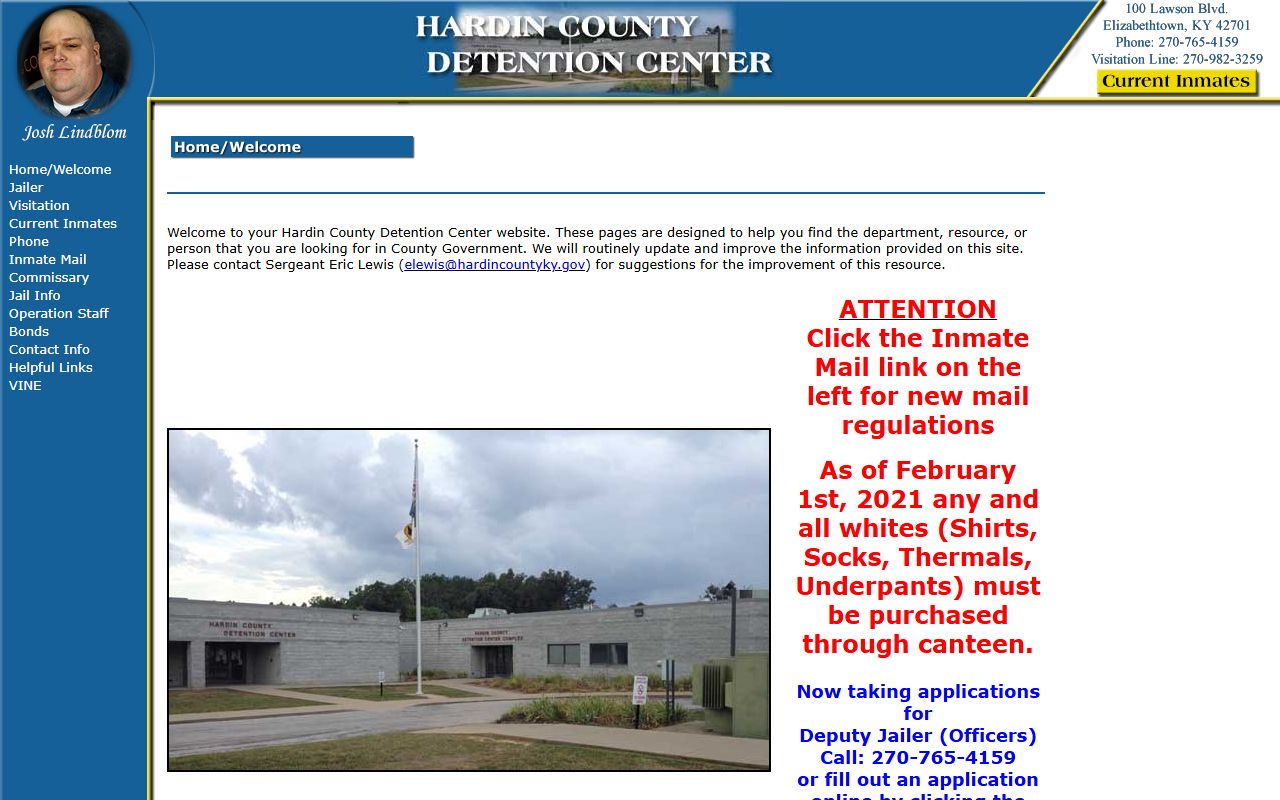 Hardin County Detention Center homepage showing facility information