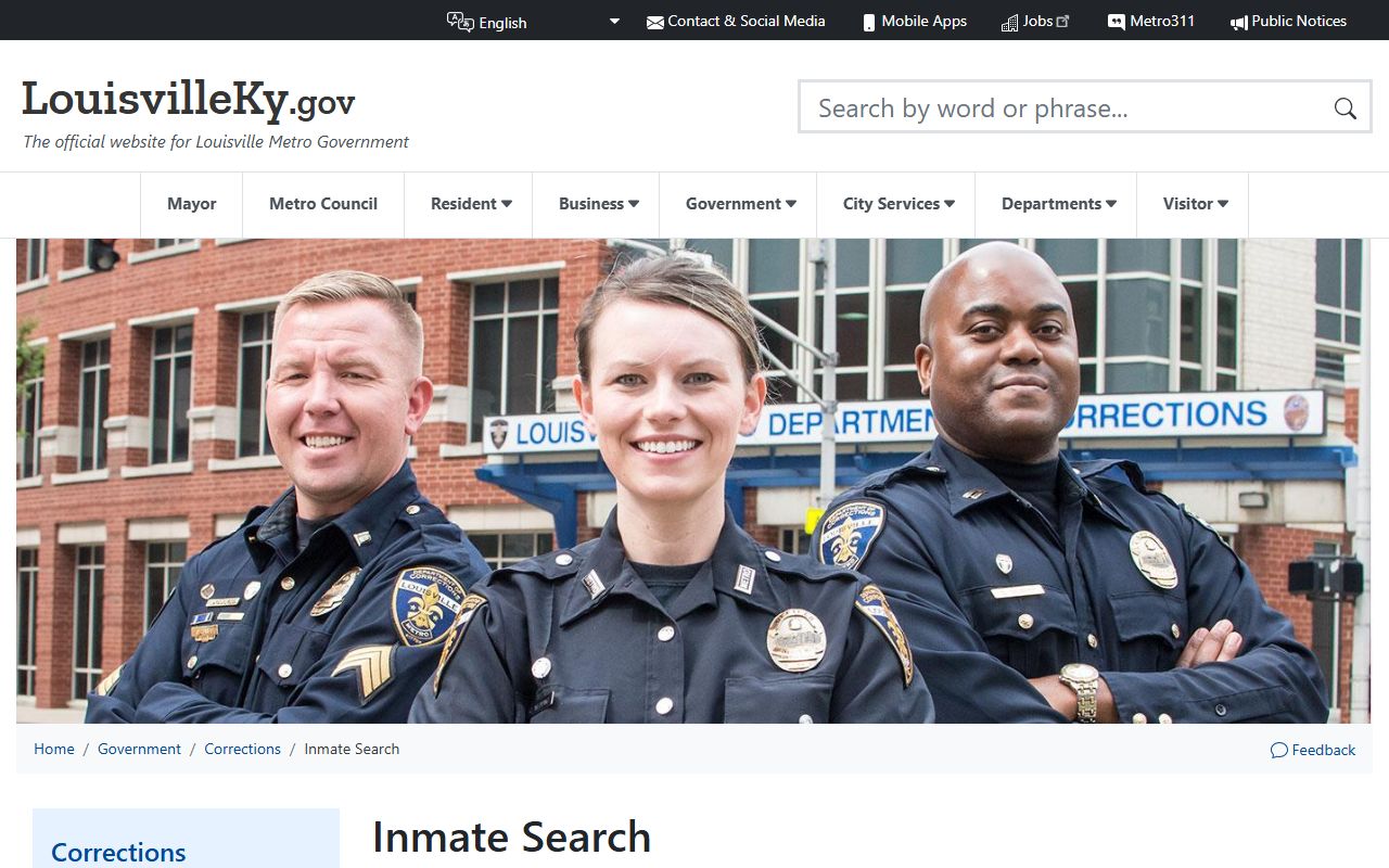 Jefferson County jail roster showing Louisville Metro inmate search system
