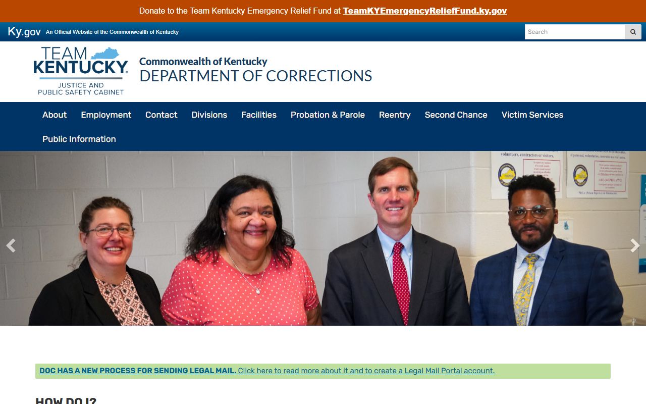 Kentucky Department of Corrections homepage showing jail and inmate services