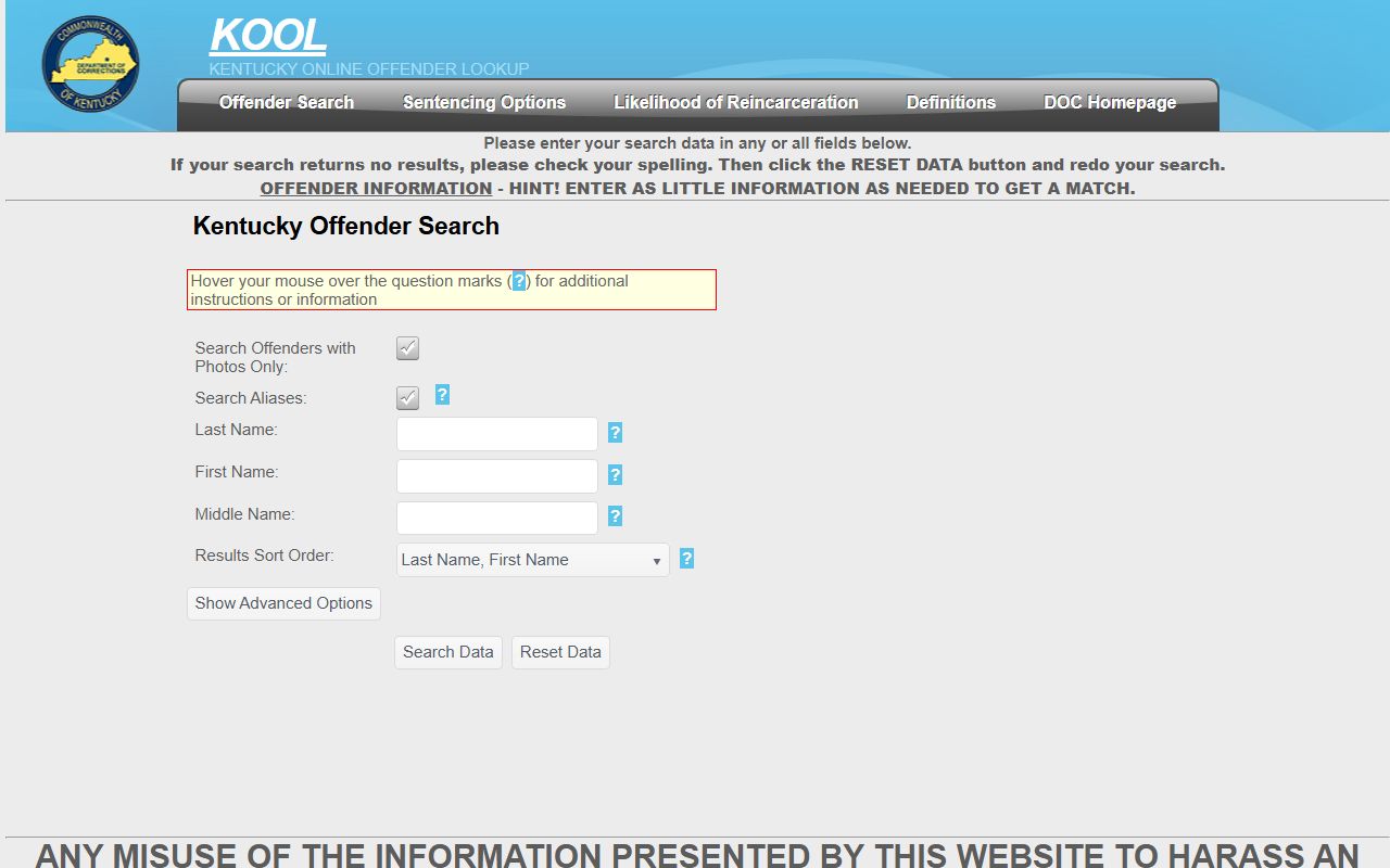 Kentucky Online Offender Lookup KOOL search page for finding jail inmates